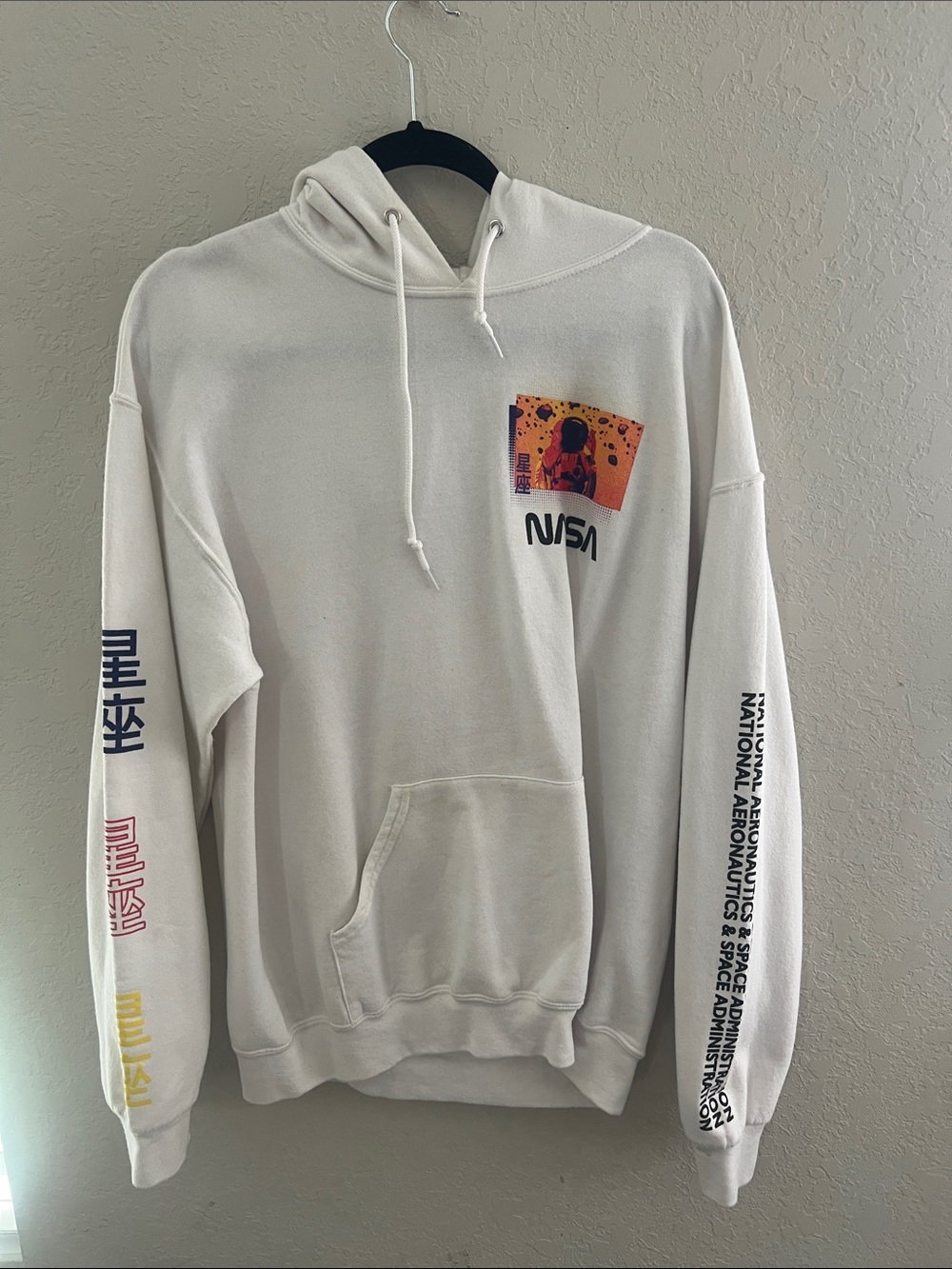 NASA White Graphic Pullover Hoodie with Multicolor Sleeve Accents